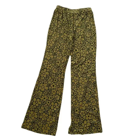 Cider Green Flower Velvet Wide-Leg Flare Pants Funky Retro 70s Loungewear Large - Picture 2 of 6